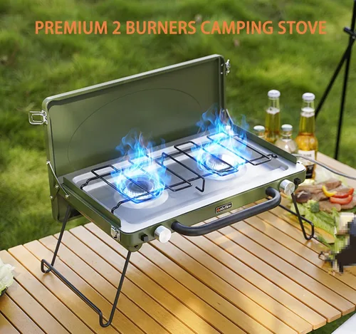 Miniatura 5 de Estufa de gas portátil para campamento de 2 quemadores, estufa de propano con patas plegables, pestillo y asa de alta resistencia para patio, Verde