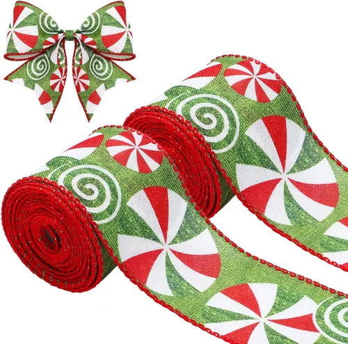 Miniatura 12 de Berlune 4 rollos de cinta de Navidad con borde con alambre de menta de 2.5 pulgadas de ancho, cinta de arpillera para manualidades, corona, árbol