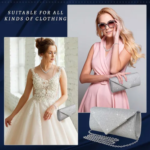 Miniatura 5 de Juego de 4 piezas de plata para mujer, bolso de mano brillante con diamantes de imitación, bolso de mano para regalo de fiesta de boda, plateado
