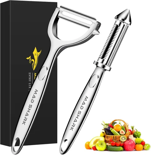MAD SHARK Peladores de verduras ultra afilados para cocina, frutas, manzanas, patatas, diseño con mango ergonómico antideslizante, acero inoxidable