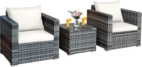 Miniatura 20 de Tangkula Juego de muebles de patio de 3 piezas, juego de sofá de mimbre de ratán PE con cojín lavable y mesa de vidrio templado, muebles de Mezcla