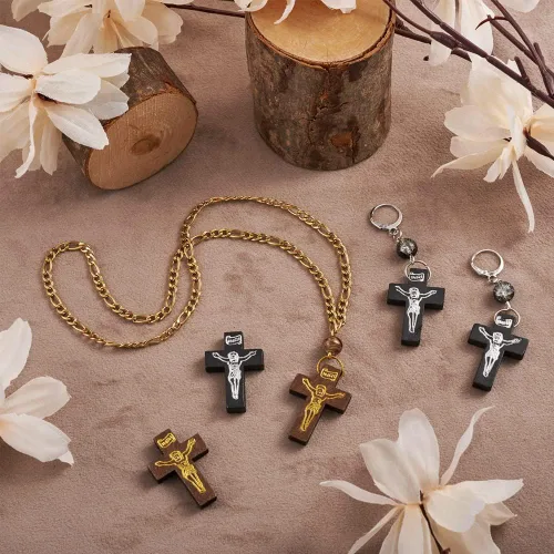Miniatura 5 de Cheriswelry 100 colgantes de madera con cruz de crucifijo con cruz impresa, dijes de madera teñida religiosos de 32.5 a 1.319 in para hombres