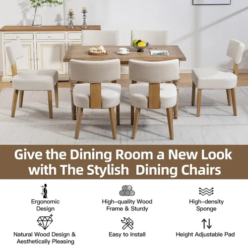 Miniatura 3 de ZJhome Sillas de comedor, sillas de cocina tapizadas de tela de madera, juego de 4, sillas de acento con respaldo curvado de lino, sillas de comedor
