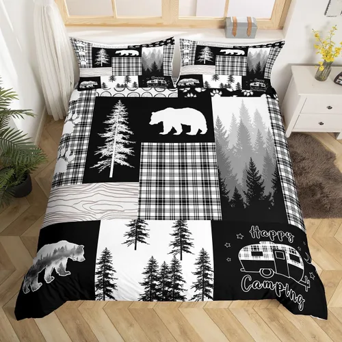 Funda de edredón de oso de caza, tamaño individual, juego de ropa de cama rústica de animales del bosque para niños y niñas, funda de edredón a