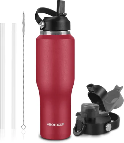 Miniatura 8 de ABOTOCUP Botella de agua de 40 onzas, botella de agua aislada con asa y tapas con popote, botella de agua de acero inoxidable que cabe en cualquier