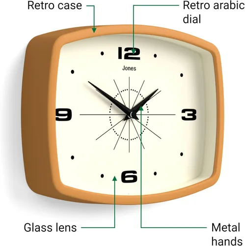 Miniatura 6 de JONES CLOCKS® Reloj de pared de película Reloj retro rectangular 10 pulgadas Amarillo mostaza Aspecto de diseñador fresco de mediados