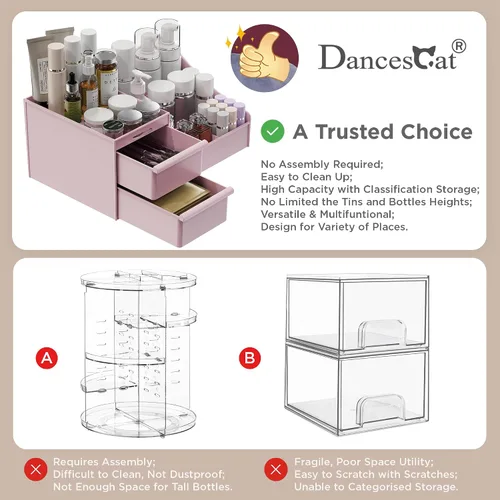Miniatura 5 de DancesCat Organizador de maquillaje rosa y 2 cajones en mostrador, organizador de tocador con 7 compartimentos y 2 cajones para cosméticos, cuidado