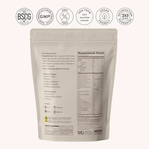 Miniatura 7 de TRU Supplements Proteína en polvo a base de plantas, BCAA, EAA, 0.71 onzas de arroz integral vegano y proteína de guisante, 100 calorías, 27