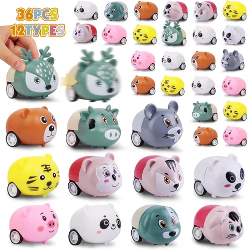 36 piezas de coches de animales de tracción hacia atrás, juego de mini vehículos de juguete, coches pequeños de tracción hacia atrás, vehículos de