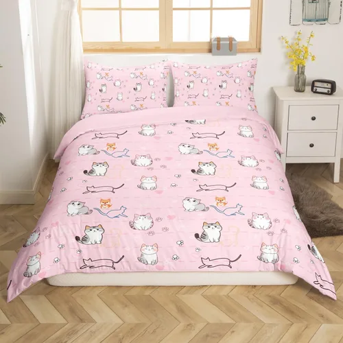 Miniatura 15 de Erosebridal Juego de funda de edredón con diseño de gato y fresa, tamaño individual, diseño de caricaturas, arcoíris, con temática de animales
