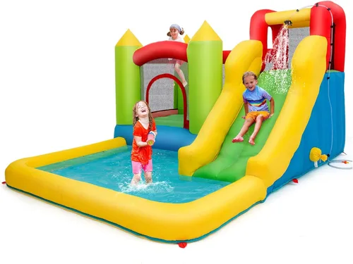 Miniatura 11 de OLAKIDS Tobogán acuático inflable, 4 en 1 casa de rebote para niños, parque acuático con área de salto de tobogán, pared de escalada, carrera