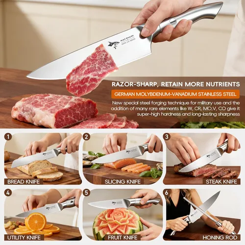 Miniatura 4 de MAD SHARK Juego de cuchillos de cocina de 11 piezas con bloque, cuchillos de acero inoxidable de alto carbono con varilla afiladora, mango