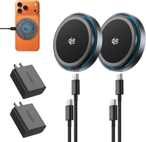 THREEKEY Para cargador MagSafe, paquete de 2 almohadillas de carga rápida Qi2 de 25 W con ventilador de enfriamiento, cargador inalámbrico magnético