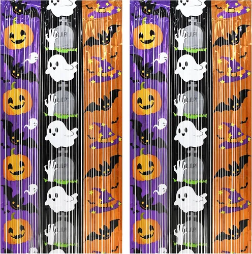 Miniatura 20 de Cortinas de flecos de aluminio negro para decoración de Halloween, paquete de 2 telón de fondo de oropel para accesorios de cabina de fotos