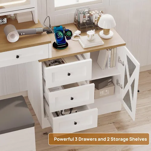 Miniatura 4 de ALBAD - Escritorio de tocador de granja de 56 pulgadas con espejo y luces, color blanco Rustic Makeup Vanity Table/Dresser, Charging Station Power