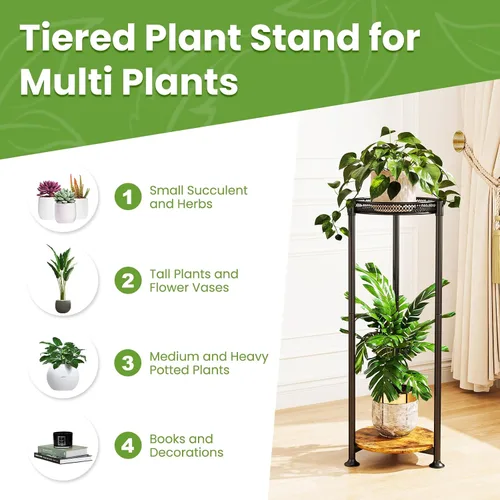 Miniatura 6 de Soporte negro de 2 niveles para plantas en interiores, 30 pulgadas de alto, estante de esquina de metal resistente para plantas estrechas para piso