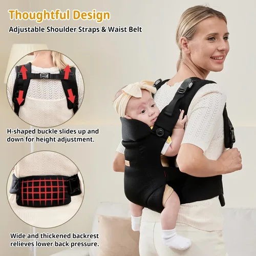 Miniatura 7 de CUBY Portabebés para recién nacidos a niños pequeños, transpirable con soporte ajustable para el cuello, portabebés manos libres para niños pequeños