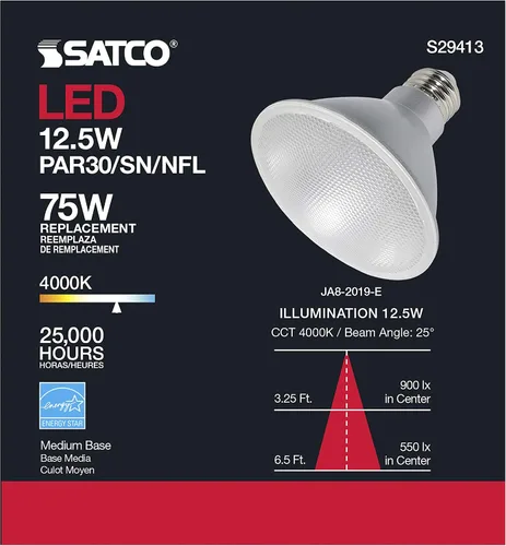 Miniatura 6 de Satco S29413 PAR30 - Bombillas reflectoras LED de cuello corto de 12.5 W, 4000 K blanco frío, 1000 lúmenes, 25 haz, 90 CRI, regulable, ubicación