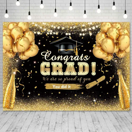 Miniatura 4 de Cartel de graduación de 7 x 5 pies para celebrar la clase de 2025, decoraciones de fiesta con globos negros y dorados con purpurina negra y dorada