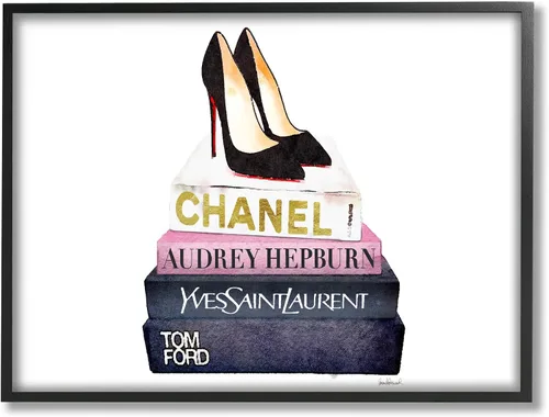 Stupell Industries Glam Fashion - Juego de libros de tacón negro enmarcado con textura giclée, fabricado con orgullo en Estados Unidos