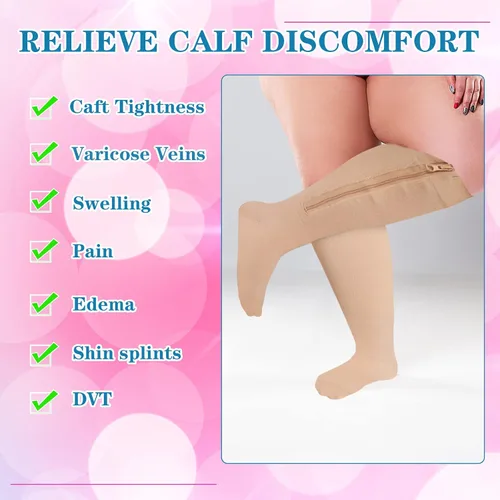 Miniatura 4 de Hillban 2 pares de calcetines de compresión anchos con cremallera de pantorrilla de talla grande de 15 a 25 Mmhg para mujeres y hombres con sobrepeso