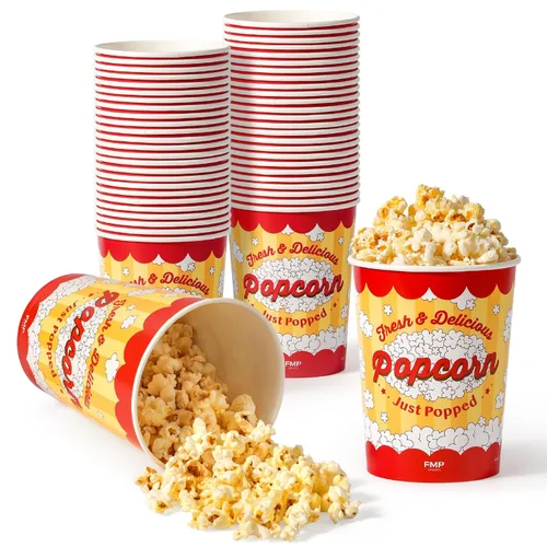 Fit Meal Prep Paquete de 25 cubos de papel clásicos desechables para palomitas de maíz, 32 onzas, resistentes a la grasa, tazas para máquina de cine