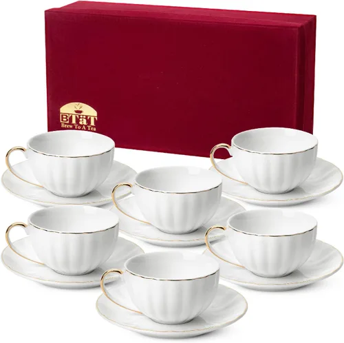 Miniatura 8 de BTaT- Tazas de capuchino con platillos de 7 onzas, juego de 6, diseño de borde dorado Juego de tazas de café de porcelana blanca, apto