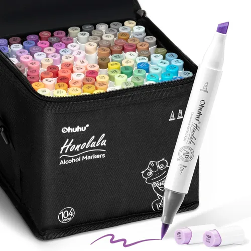 Ohuhu Marcadores de Alcohol Punta de Pincel - Juego de Marcadores de Arte a Base de Alcohol de Doble Punta de 104 Colores para Artistas Adultos