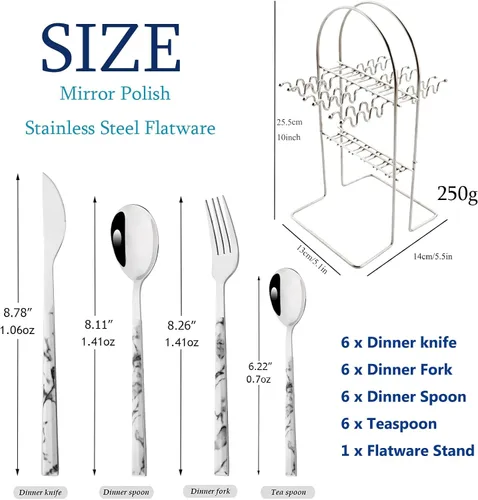 Miniatura 4 de Juego de cubiertos de 24 piezas con soporte, utensilios de acero inoxidable con mango negro, un juego completo de cubiertos para la mayoría