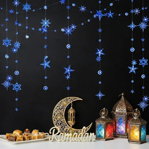 Miniatura 8 de Cheerland Guirnalda de Purpurina de Estrella y Luna Azul Decoraciones de Fiesta País de las Maravillas Invernal Baby Shower Serpentinas al Aire