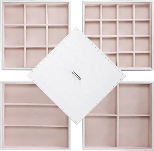 BEWISHOME Bandejas organizadoras de joyas, bandejas apilables para almacenamiento de aretes con tapa para aparador y cajón, 32 ranuras para anillos,