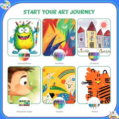 Miniatura 5 de homicozy Suministros de arte para niños de 4 a 12 años, juegos de dibujo de sirenas, estuche de arte, kits para colorear con caballete triple