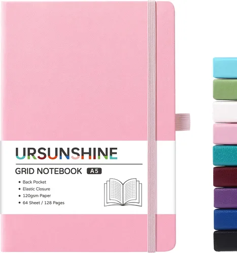 Miniatura 64 de Cuaderno punteado, diario, 5.3 x 8.26 pulgadas, tapa dura, prémium, papel grueso, doble espiral, bandas, cuero negro sintético, lazo para bolígrafo
