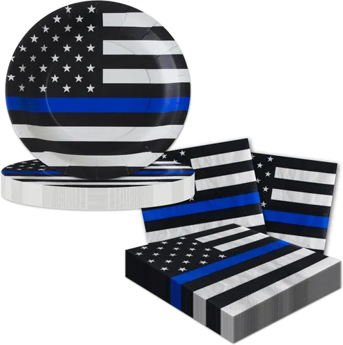 Miniatura 7 de Fiesta de la línea azul delgada de la policía para 16 invitados! Incluye 16 platos y servilletas de 7 pulgadas en el patrón oficial de bandera