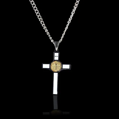 Miniatura 5 de Unique Saint Benedict Crucifijoen dos tonos de oro y plata color inoxidable St Benedict Cruz Collar