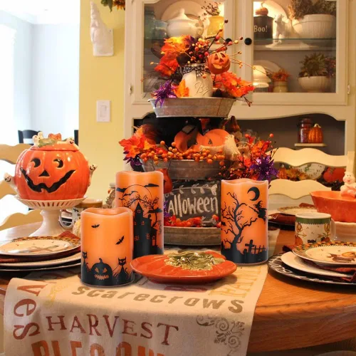 Miniatura 5 de Velas de Halloween sin llama con temporizador de 6 horas, velas LED naranjas parpadeantes de cera real, bruja, murciélagos, castillo, calcomanías