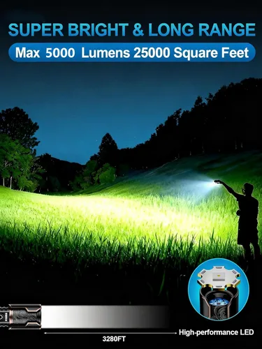 Miniatura 2 de Linterna recargable de 5000 lúmenes, linterna LED táctica de altos lúmenes con lente de encendido, 6 modos de zoom impermeable para campamento