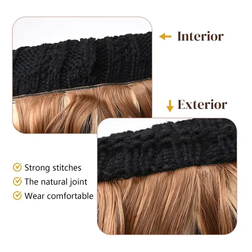 Miniatura 5 de Flufymooz Gorro con peluca, extensión de pelo con gorro de piel sintética con pompón largo ondulado rizado, peluca con gorro adjunto de 20 pulgadas