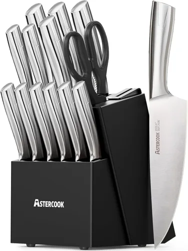 Astercook Juego de Cuchillos de Cocina con Bloque y Afilador Full Tang 15 Piezas Cuchillos de Acero Inoxidable Premium Aptos para Lavavajillas Juego