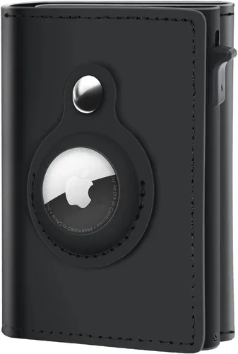 GAOCHALE Billetera AirTag de piel auténtica con tecnología RFID, tarjetero minimalista para hombre para Apple AirTag (no incluye Airtag), Negro 02,