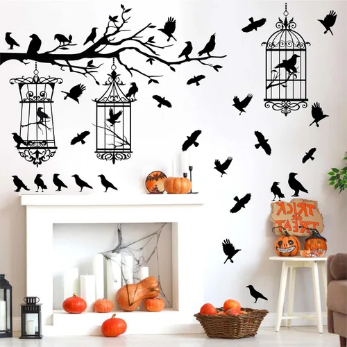 Miniatura 10 de Barri Design Calcomanías de pared de murciélago de Halloween, árbol de luna, bruja, calcomanías de pared extraíbles para Halloween, calcomanías