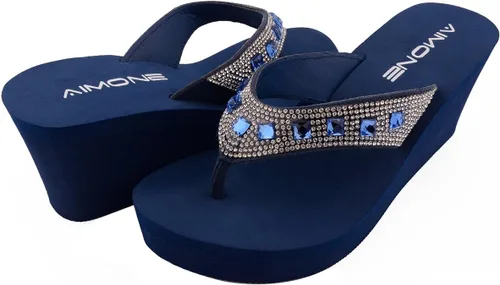 Miniatura 6 de AIMONE -Larissa - Sandalias de cuña para mujer, color azul marino, con diamantes de imitación, para playa, boda