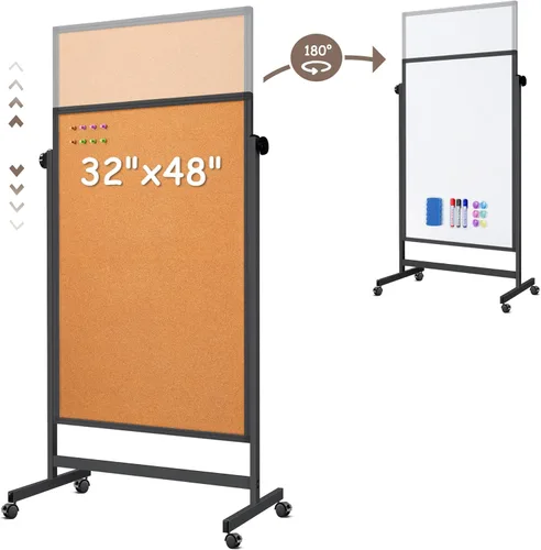 Miniatura 7 de Pizarra blanca de doble cara con corcho, 32 x 48 pulgadas, gran tablero de corcho para oficina, pizarra magnética de borrado en seco con altura