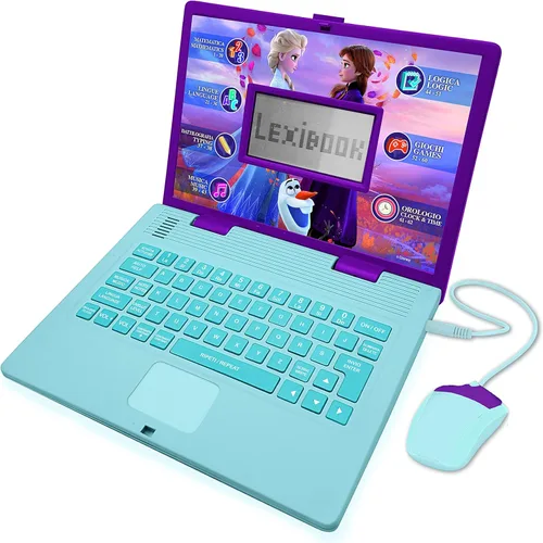 LEXIBOOK, Portátil congelado, educativo y bilingüe italiano/inglés, juguete para niñas con 124 actividades para aprender, jugar juegos y música con
