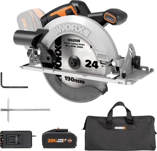 WORX Sierra circular sin escobillas de 20 V | PowerShare | WX520 | Incluye 1 batería de 2 Ah y cargador | Motor sin escobillas, corte biselado, base