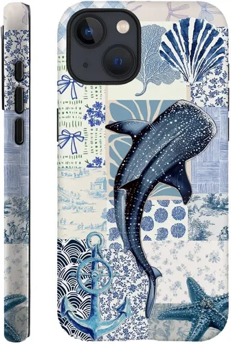 DAIZAG Funda compatible con iPhone 13, funda duradera de protección contra golpes para niñas y mujeres, tema de retazos azul océano Tema de
