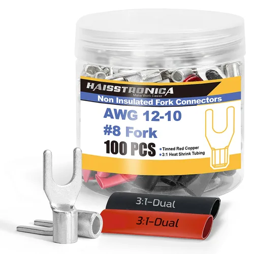 Miniatura 16 de haisstronica Juego de conectores de cables no aislados, 50 piezas de terminales de anillo de 5/16" (AWG12-10) con 50 piezas de tubo termorretráctil