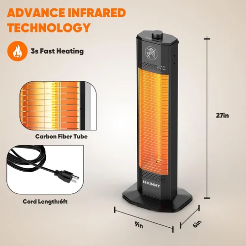 Miniatura 5 de Calentador eléctrico para patio al aire libre, calentador eléctrico de patio de 27 pulgadas, calefacción instantánea de 1200 W, 2 niveles de calor