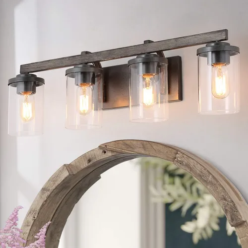 Miniatura 6 de LOG BARN Lámparas rústicas de baño, 2 luces de tocador de granja para baño con pantalla de vidrio texturizado transparente, luces de iluminación