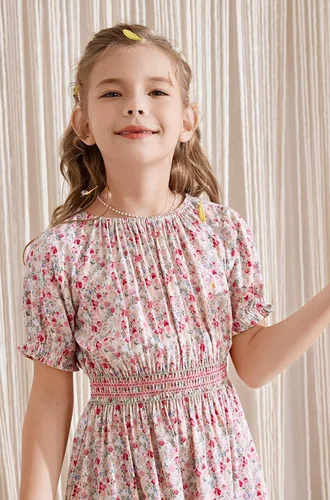 Miniatura 2 de Vestido floral con cintura fruncida para niñas, ropa de juego para la iglesia, vacaciones, vestido midi suave con bolsillos